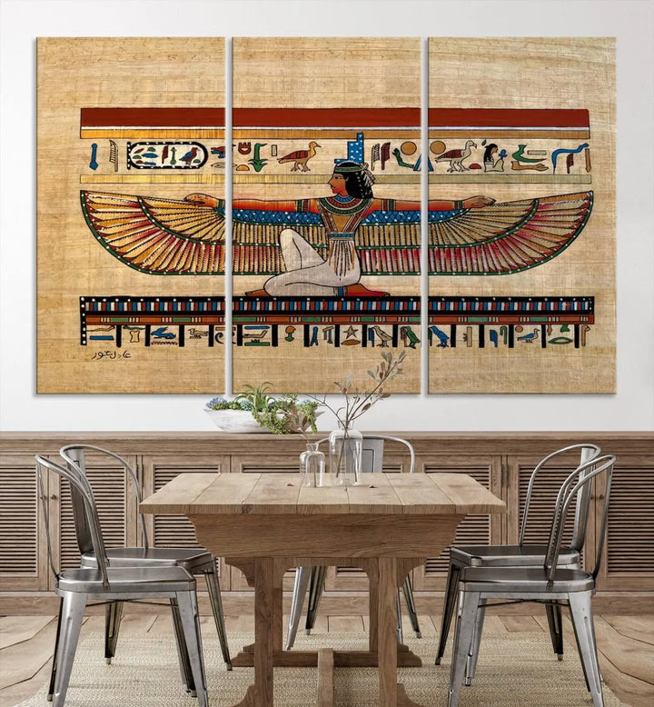 The "Egypt Isis Wall Art Canvas Print" features a winged figure in Egyptian style with high-resolution precision on museum-quality canvas, creating a striking visual impact.