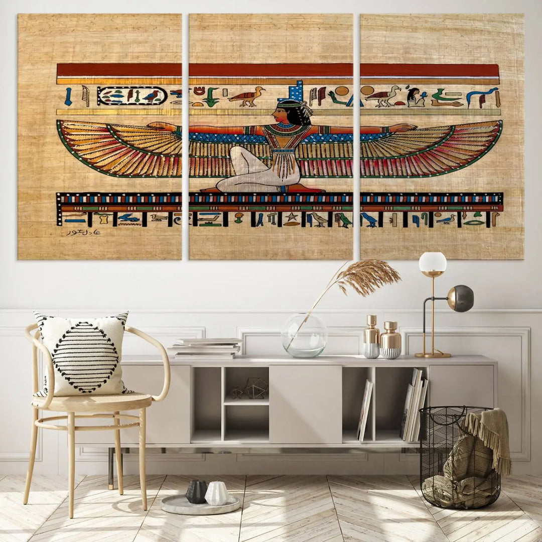 The "Egypt Isis Wall Art Canvas Print" features a winged figure in Egyptian style with high-resolution precision on museum-quality canvas, creating a striking visual impact.