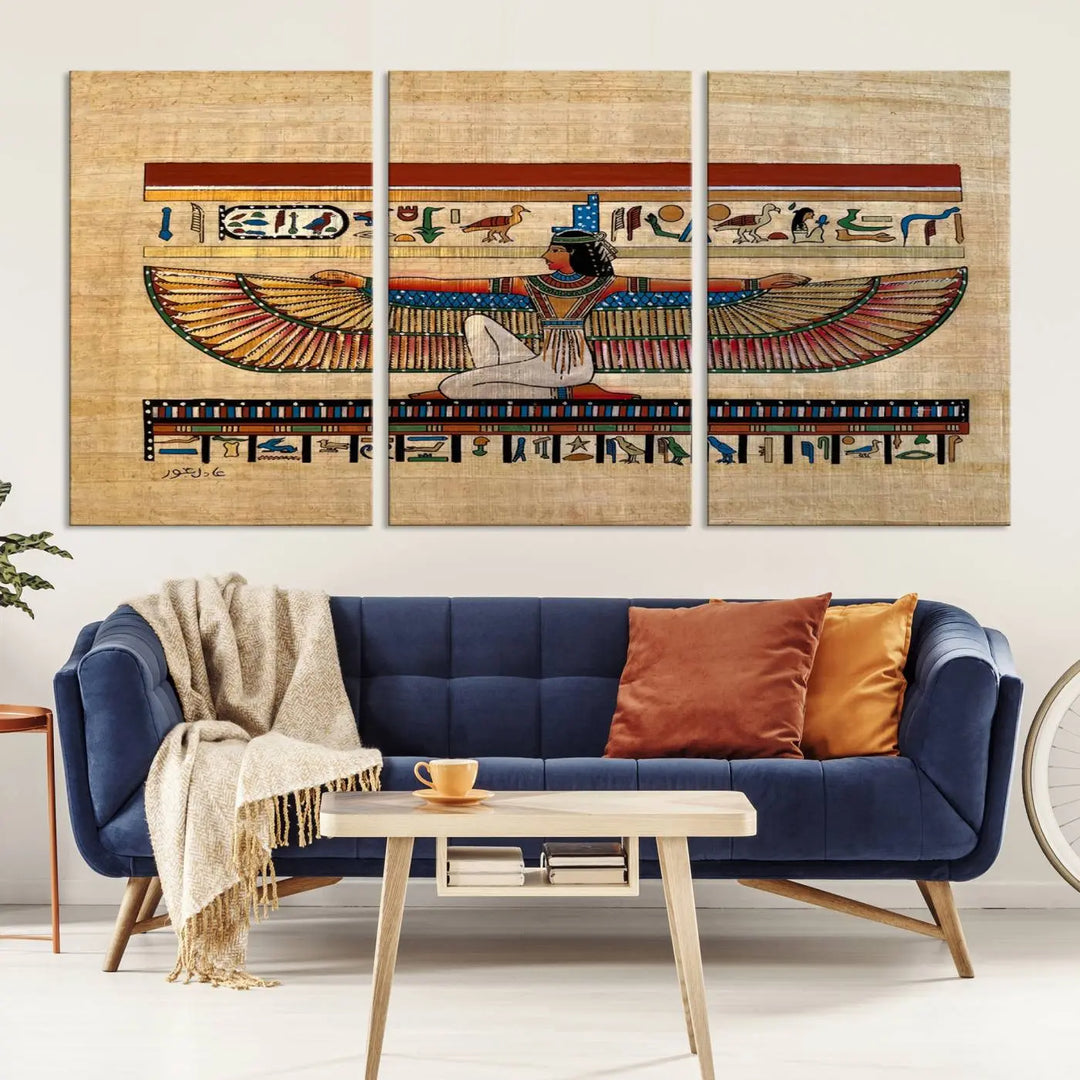 The "Egypt Isis Wall Art Canvas Print" features a winged figure in Egyptian style with high-resolution precision on museum-quality canvas, creating a striking visual impact.