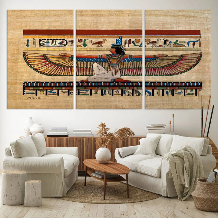 The "Egypt Isis Wall Art Canvas Print" features a winged figure in Egyptian style with high-resolution precision on museum-quality canvas, creating a striking visual impact.