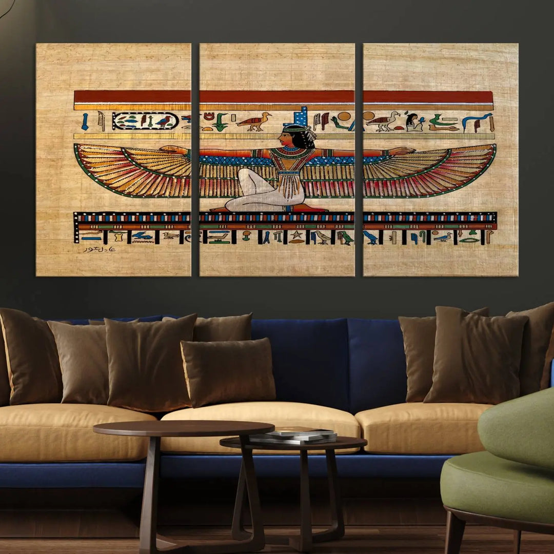 The "Egypt Isis Wall Art Canvas Print" features a winged figure in Egyptian style with high-resolution precision on museum-quality canvas, creating a striking visual impact.