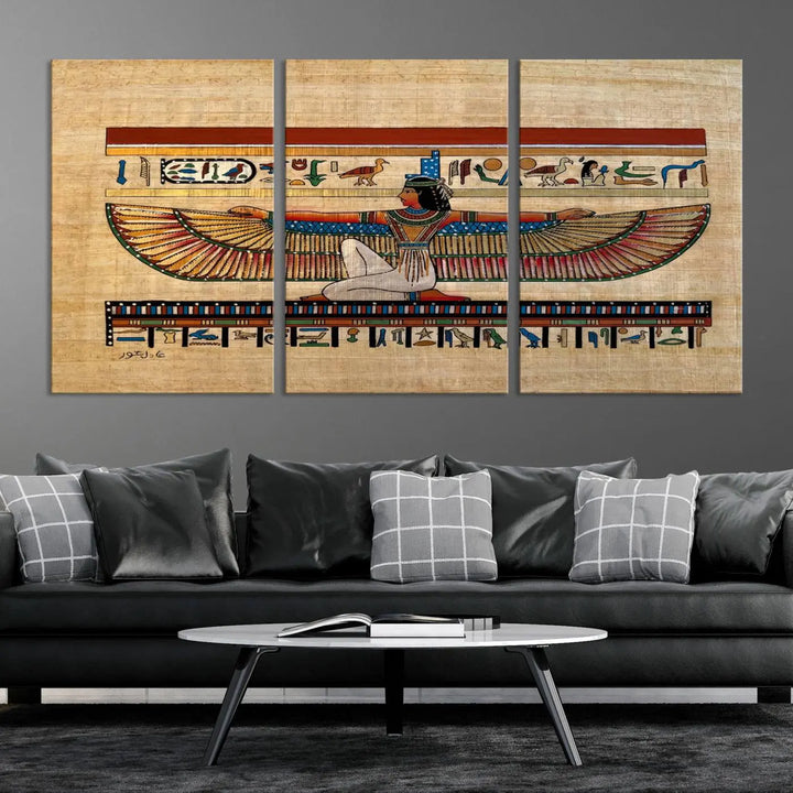 The "Egypt Isis Wall Art Canvas Print" features a winged figure in Egyptian style with high-resolution precision on museum-quality canvas, creating a striking visual impact.