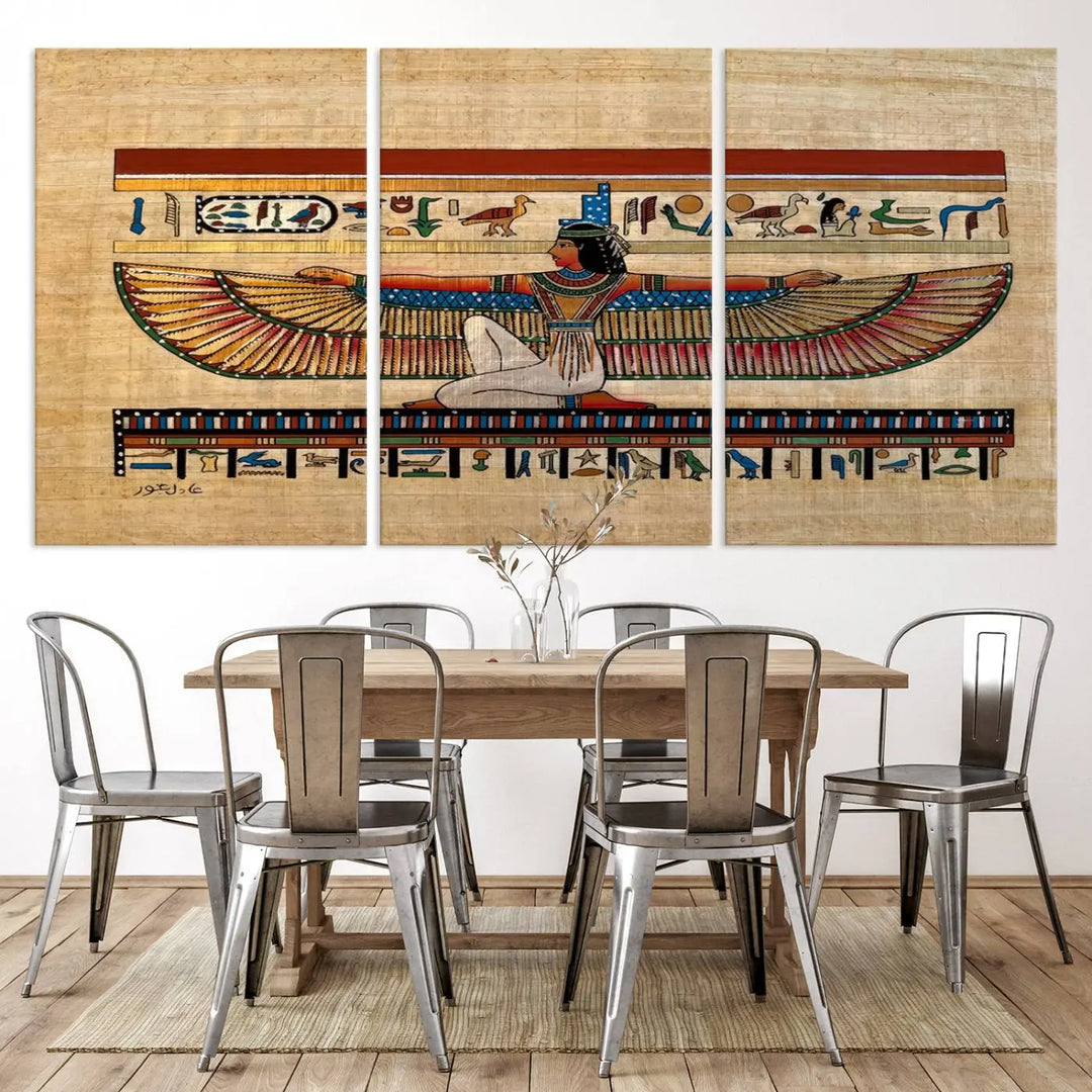 The "Egypt Isis Wall Art Canvas Print" features a winged figure in Egyptian style with high-resolution precision on museum-quality canvas, creating a striking visual impact.