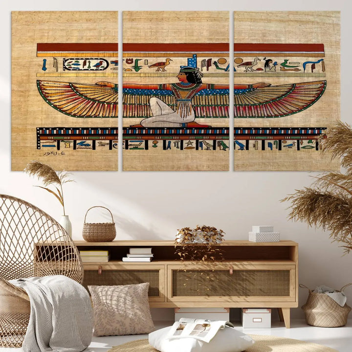 The "Egypt Isis Wall Art Canvas Print" features a winged figure in Egyptian style with high-resolution precision on museum-quality canvas, creating a striking visual impact.