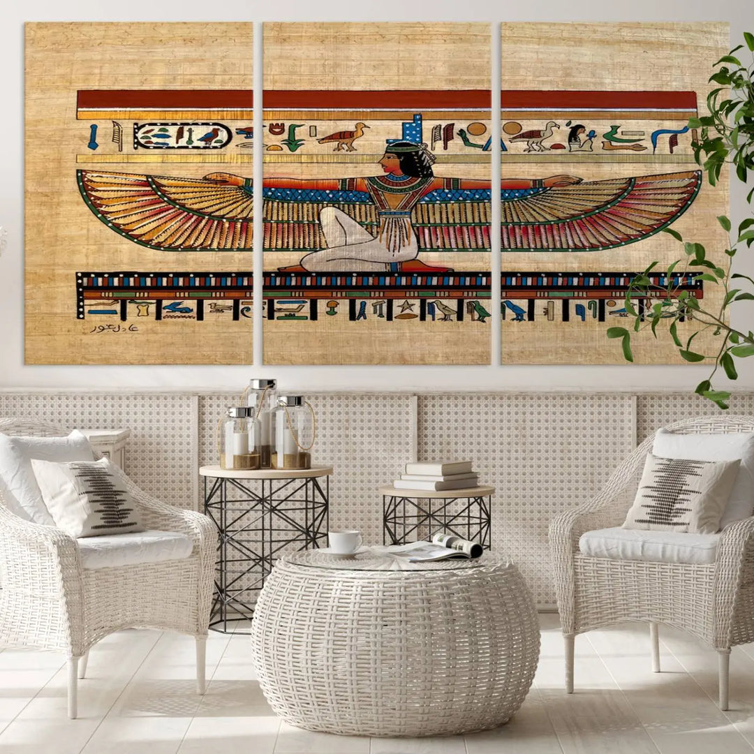 The "Egypt Isis Wall Art Canvas Print" features a winged figure in Egyptian style with high-resolution precision on museum-quality canvas, creating a striking visual impact.