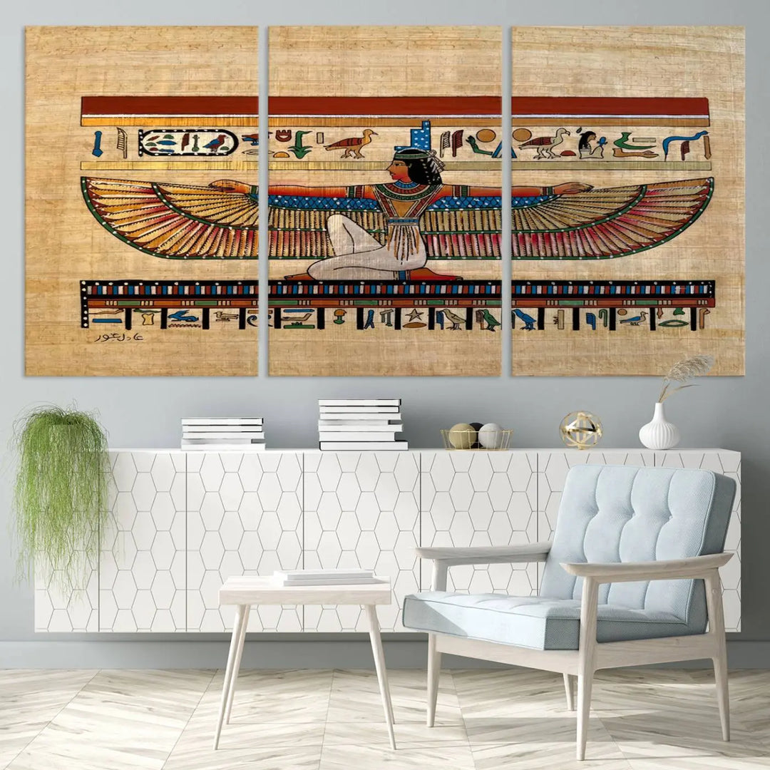 The "Egypt Isis Wall Art Canvas Print" features a winged figure in Egyptian style with high-resolution precision on museum-quality canvas, creating a striking visual impact.