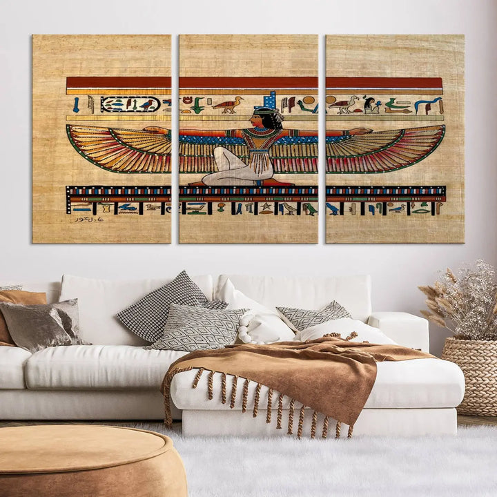 The "Egypt Isis Wall Art Canvas Print" features a winged figure in Egyptian style with high-resolution precision on museum-quality canvas, creating a striking visual impact.