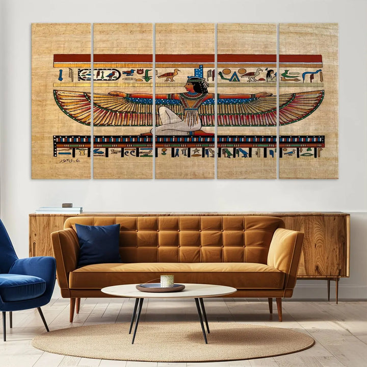 The "Egypt Isis Wall Art Canvas Print" features a winged figure in Egyptian style with high-resolution precision on museum-quality canvas, creating a striking visual impact.