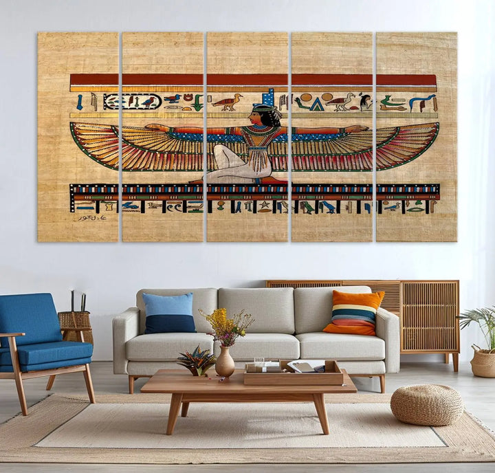 The "Egypt Isis Wall Art Canvas Print" features a winged figure in Egyptian style with high-resolution precision on museum-quality canvas, creating a striking visual impact.