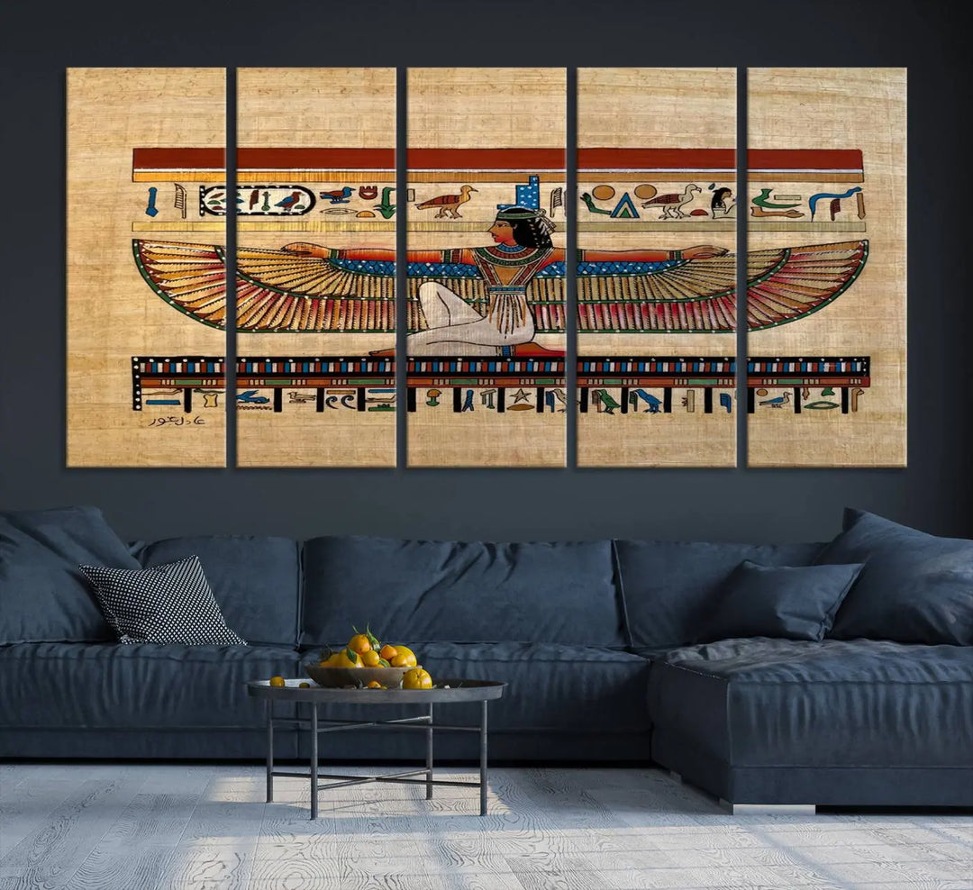 The "Egypt Isis Wall Art Canvas Print" features a winged figure in Egyptian style with high-resolution precision on museum-quality canvas, creating a striking visual impact.