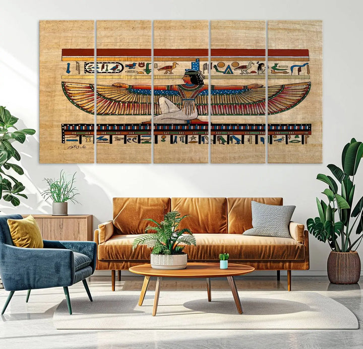 The "Egypt Isis Wall Art Canvas Print" features a winged figure in Egyptian style with high-resolution precision on museum-quality canvas, creating a striking visual impact.