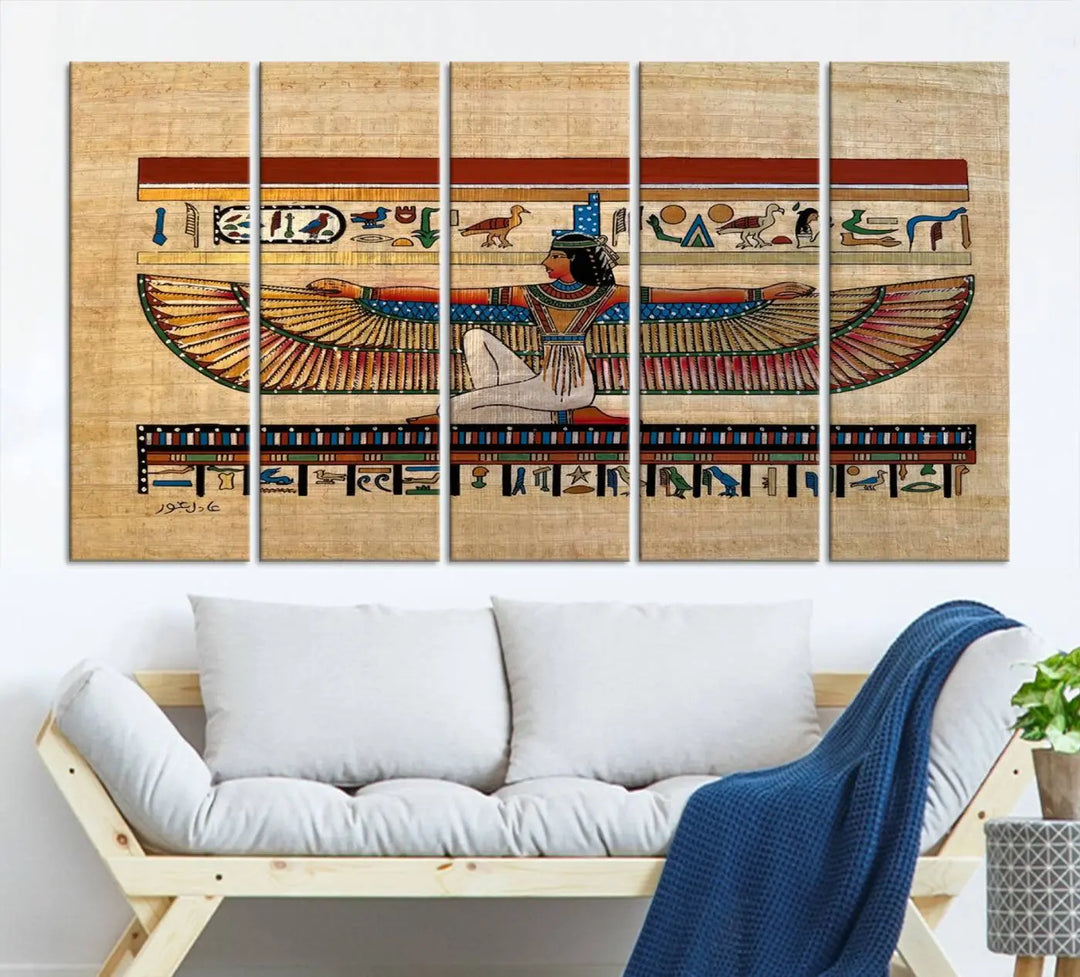 The "Egypt Isis Wall Art Canvas Print" features a winged figure in Egyptian style with high-resolution precision on museum-quality canvas, creating a striking visual impact.