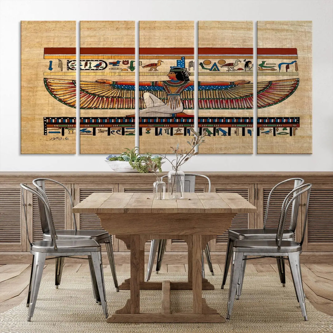 The "Egypt Isis Wall Art Canvas Print" features a winged figure in Egyptian style with high-resolution precision on museum-quality canvas, creating a striking visual impact.