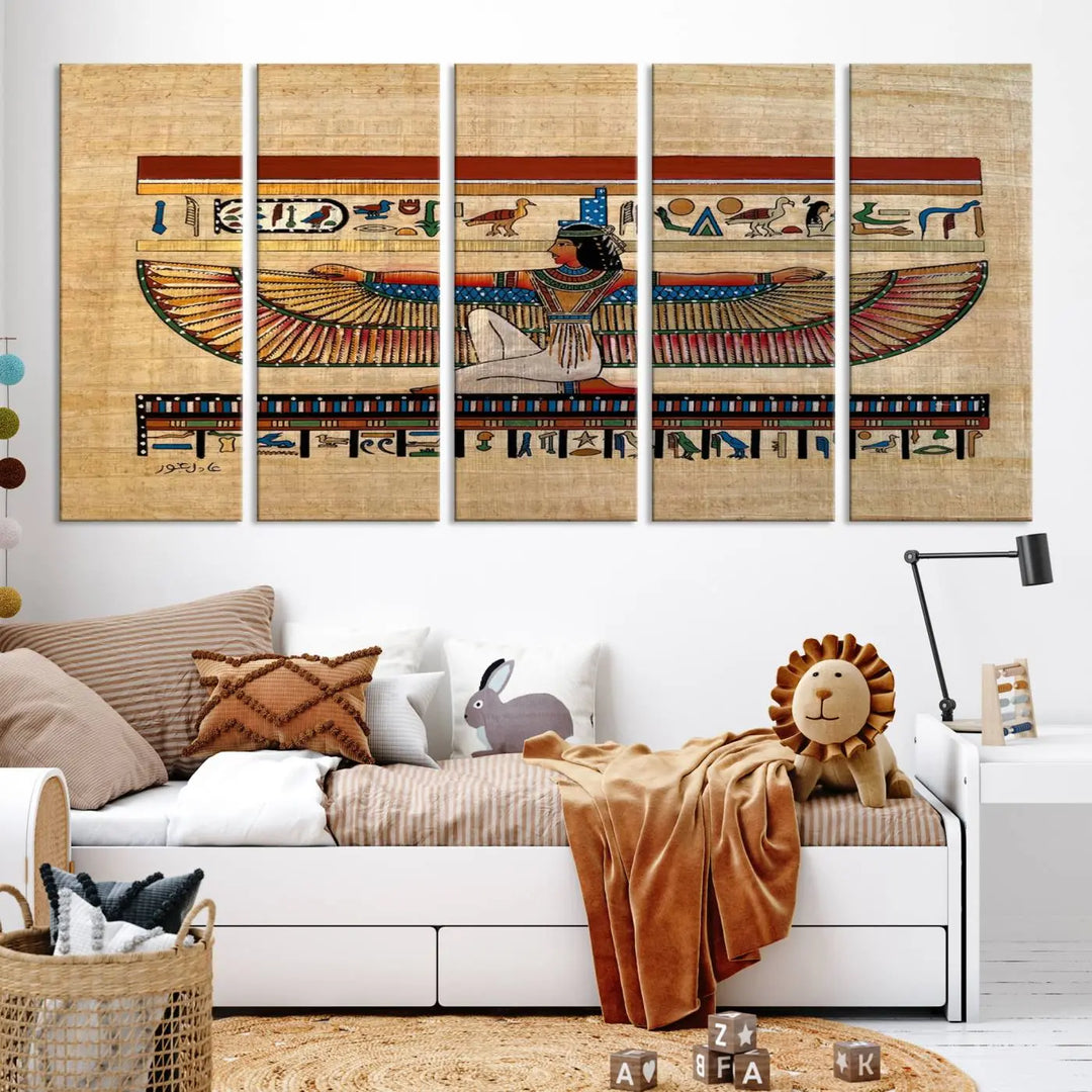 The "Egypt Isis Wall Art Canvas Print" features a winged figure in Egyptian style with high-resolution precision on museum-quality canvas, creating a striking visual impact.