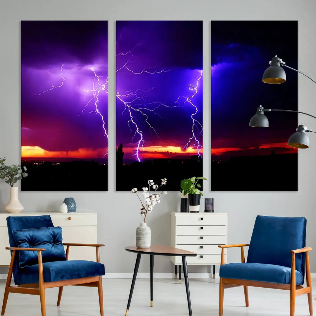 The living room features an eye-catching triptych of the Electrifying Sunset Thunderstorm Canvas Print, showcasing dramatic lightning against a vibrant sunset.