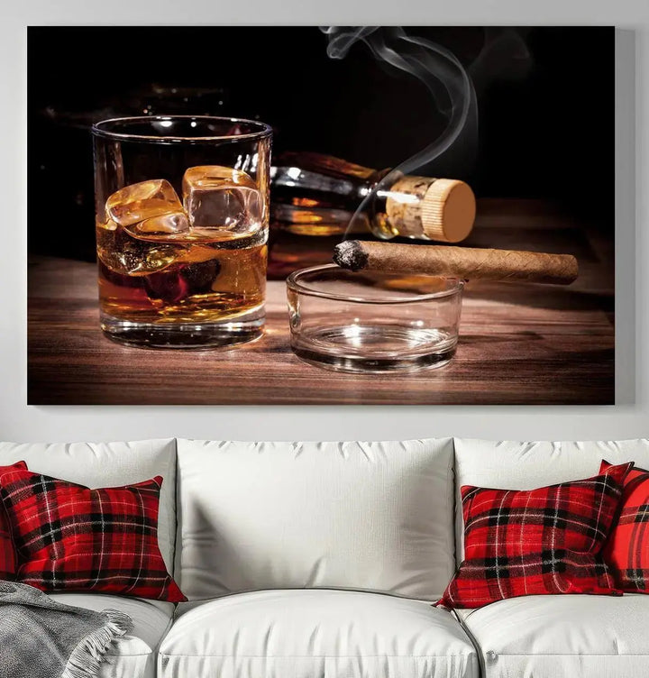 The "Elegant Whiskey Art Canvas Print," featuring whiskey, Cuban cigars, and a bottle, beautifully enhances a modern living room. This artwork is presented on gallery-wrapped, museum-quality canvases with a UV-protective coating.