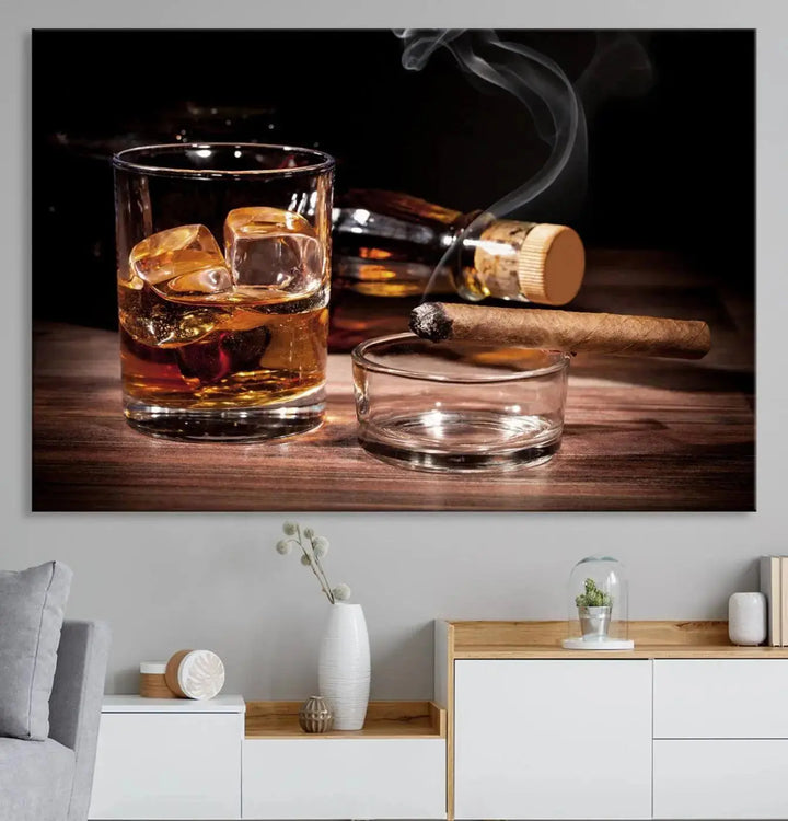 The "Elegant Whiskey Art Canvas Print," featuring whiskey, Cuban cigars, and a bottle, beautifully enhances a modern living room. This artwork is presented on gallery-wrapped, museum-quality canvases with a UV-protective coating.