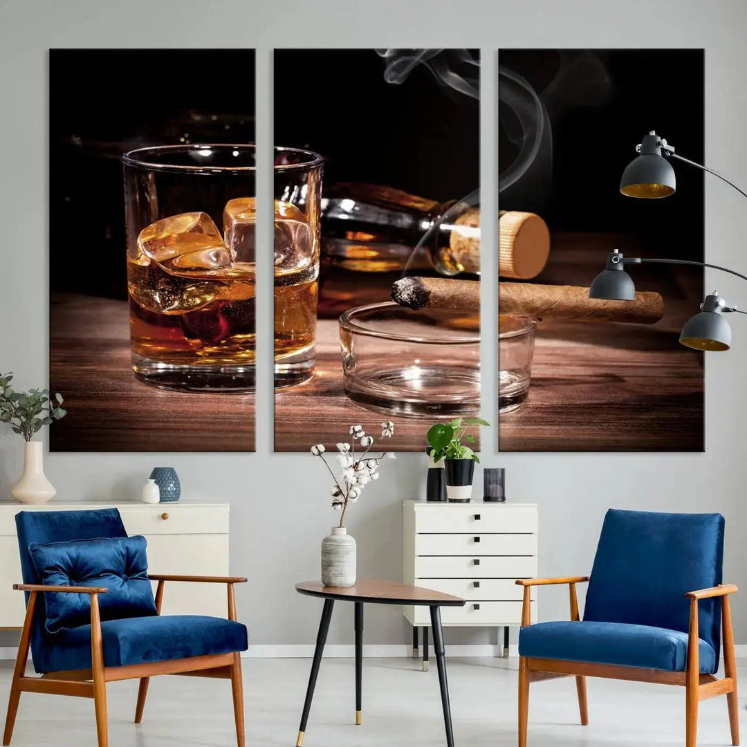 The "Elegant Whiskey Art Canvas Print," featuring whiskey, Cuban cigars, and a bottle, beautifully enhances a modern living room. This artwork is presented on gallery-wrapped, museum-quality canvases with a UV-protective coating.