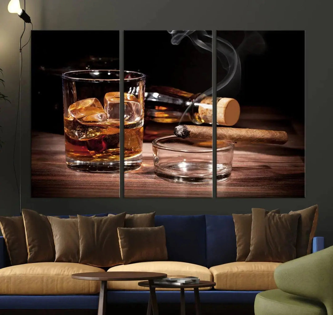 The "Elegant Whiskey Art Canvas Print," featuring whiskey, Cuban cigars, and a bottle, beautifully enhances a modern living room. This artwork is presented on gallery-wrapped, museum-quality canvases with a UV-protective coating.