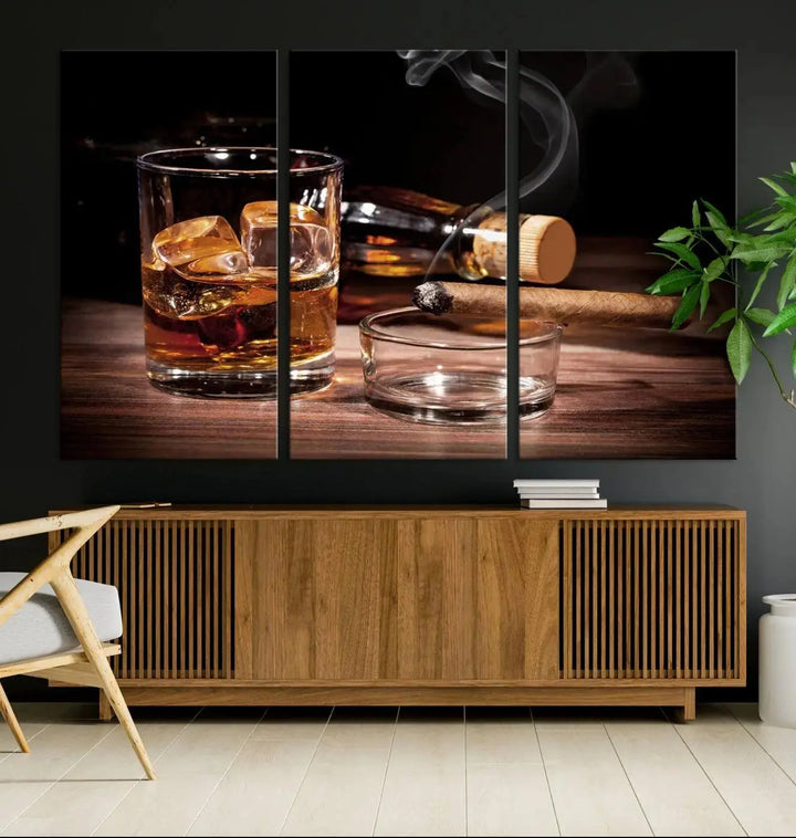 The "Elegant Whiskey Art Canvas Print," featuring whiskey, Cuban cigars, and a bottle, beautifully enhances a modern living room. This artwork is presented on gallery-wrapped, museum-quality canvases with a UV-protective coating.