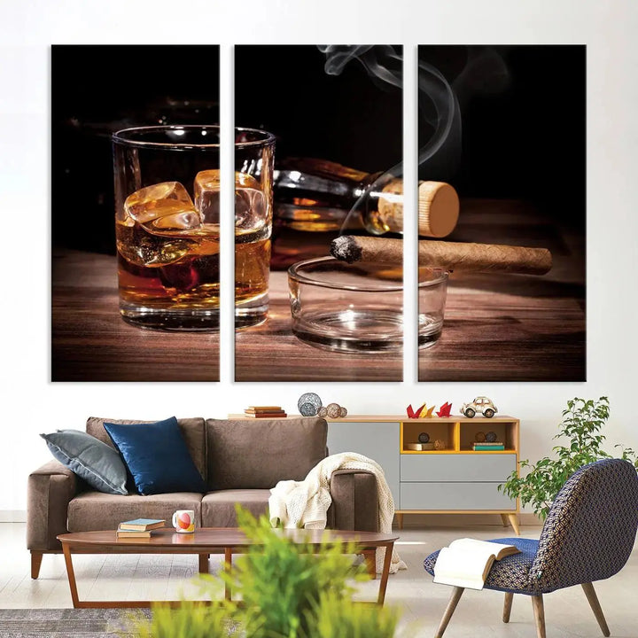 The "Elegant Whiskey Art Canvas Print," featuring whiskey, Cuban cigars, and a bottle, beautifully enhances a modern living room. This artwork is presented on gallery-wrapped, museum-quality canvases with a UV-protective coating.