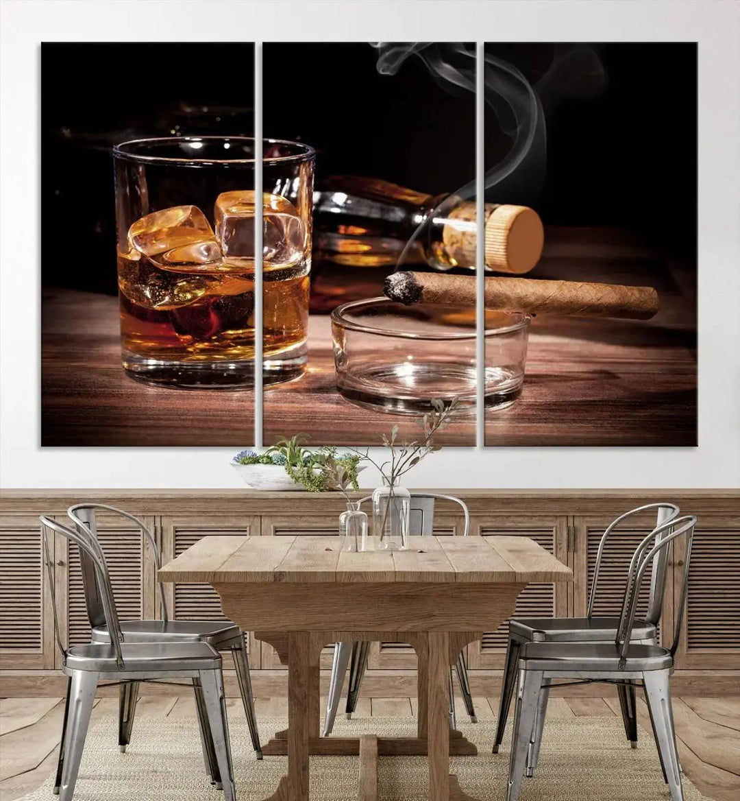 The "Elegant Whiskey Art Canvas Print," featuring whiskey, Cuban cigars, and a bottle, beautifully enhances a modern living room. This artwork is presented on gallery-wrapped, museum-quality canvases with a UV-protective coating.