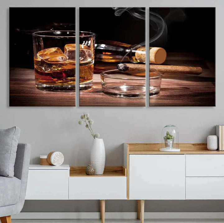 The "Elegant Whiskey Art Canvas Print," featuring whiskey, Cuban cigars, and a bottle, beautifully enhances a modern living room. This artwork is presented on gallery-wrapped, museum-quality canvases with a UV-protective coating.