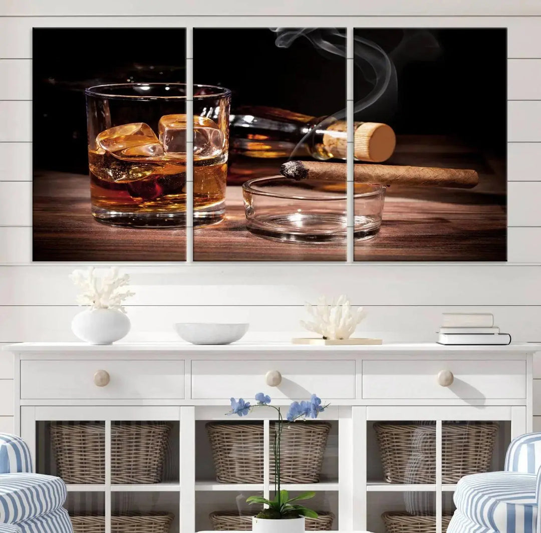 The "Elegant Whiskey Art Canvas Print," featuring whiskey, Cuban cigars, and a bottle, beautifully enhances a modern living room. This artwork is presented on gallery-wrapped, museum-quality canvases with a UV-protective coating.