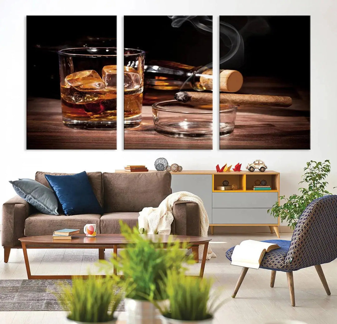 The "Elegant Whiskey Art Canvas Print," featuring whiskey, Cuban cigars, and a bottle, beautifully enhances a modern living room. This artwork is presented on gallery-wrapped, museum-quality canvases with a UV-protective coating.