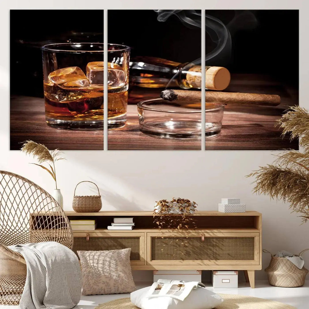 The "Elegant Whiskey Art Canvas Print," featuring whiskey, Cuban cigars, and a bottle, beautifully enhances a modern living room. This artwork is presented on gallery-wrapped, museum-quality canvases with a UV-protective coating.