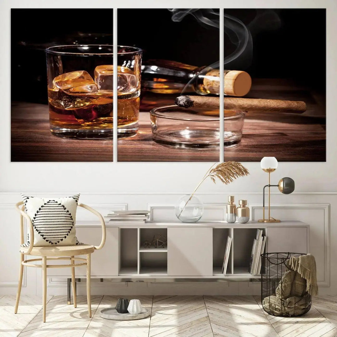 The "Elegant Whiskey Art Canvas Print," featuring whiskey, Cuban cigars, and a bottle, beautifully enhances a modern living room. This artwork is presented on gallery-wrapped, museum-quality canvases with a UV-protective coating.