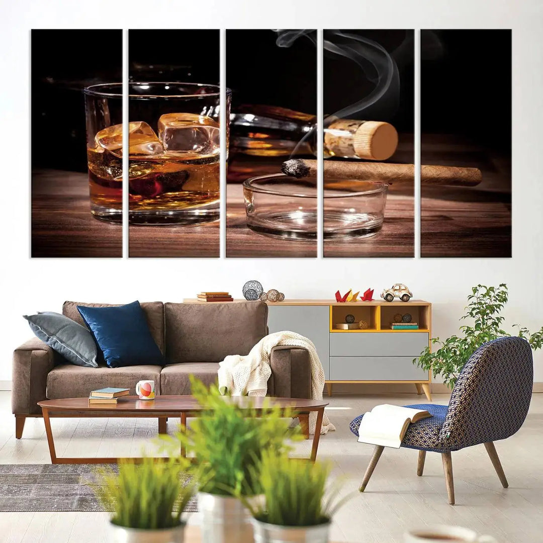 The "Elegant Whiskey Art Canvas Print," featuring whiskey, Cuban cigars, and a bottle, beautifully enhances a modern living room. This artwork is presented on gallery-wrapped, museum-quality canvases with a UV-protective coating.