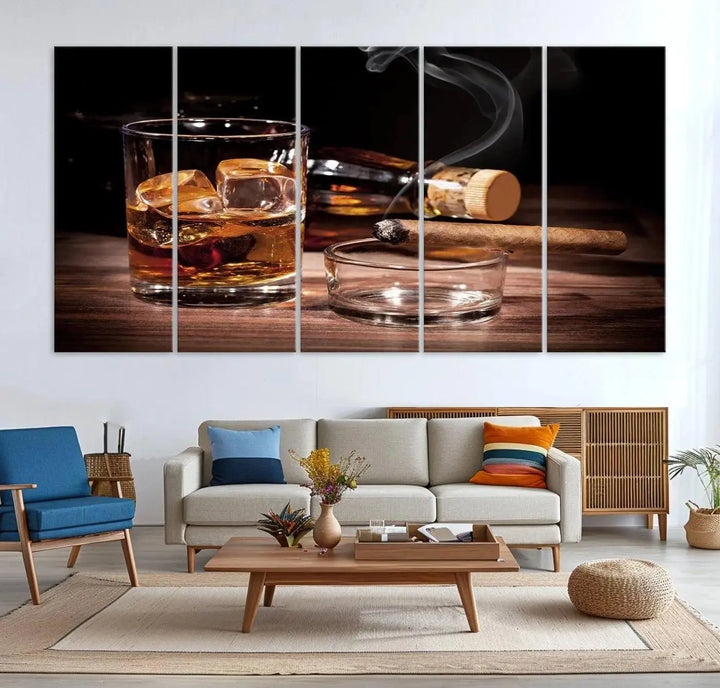 The "Elegant Whiskey Art Canvas Print," featuring whiskey, Cuban cigars, and a bottle, beautifully enhances a modern living room. This artwork is presented on gallery-wrapped, museum-quality canvases with a UV-protective coating.