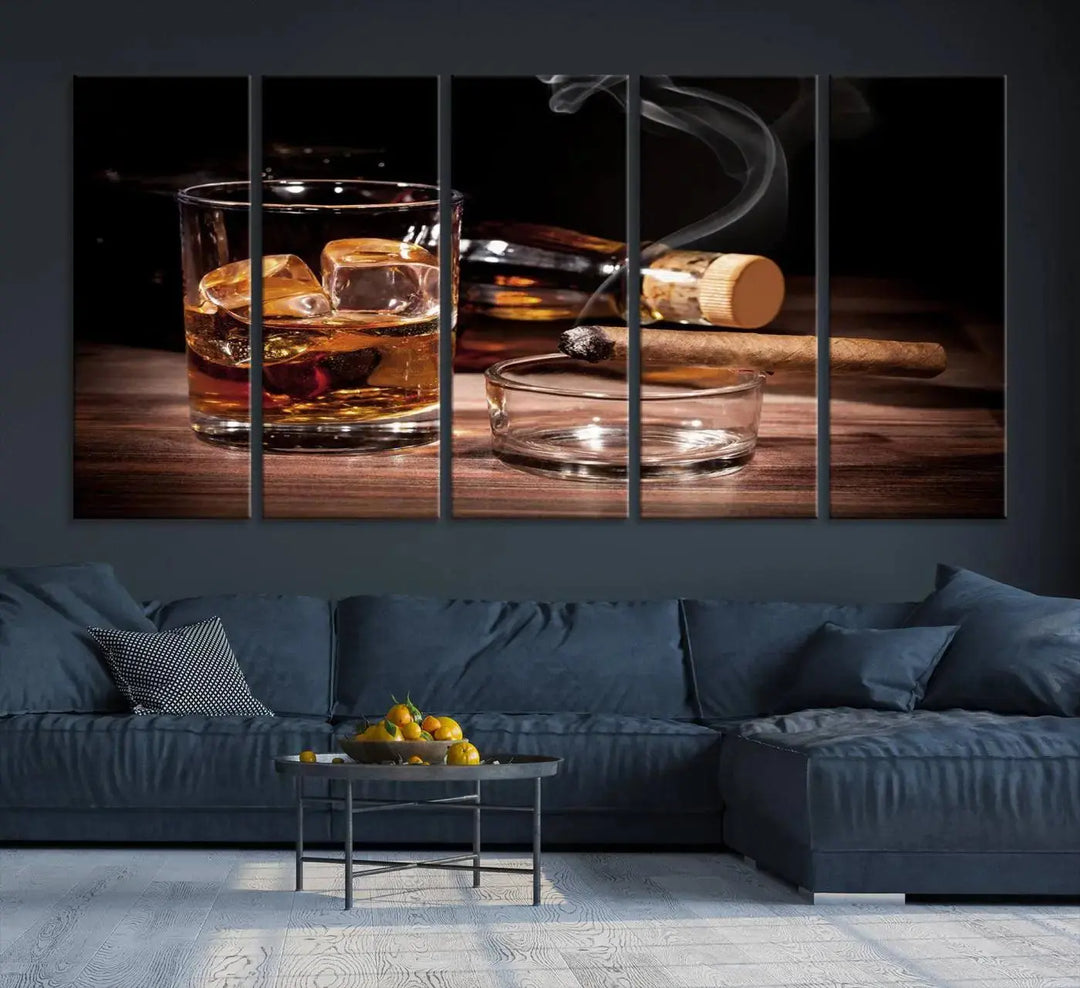 The "Elegant Whiskey Art Canvas Print," featuring whiskey, Cuban cigars, and a bottle, beautifully enhances a modern living room. This artwork is presented on gallery-wrapped, museum-quality canvases with a UV-protective coating.