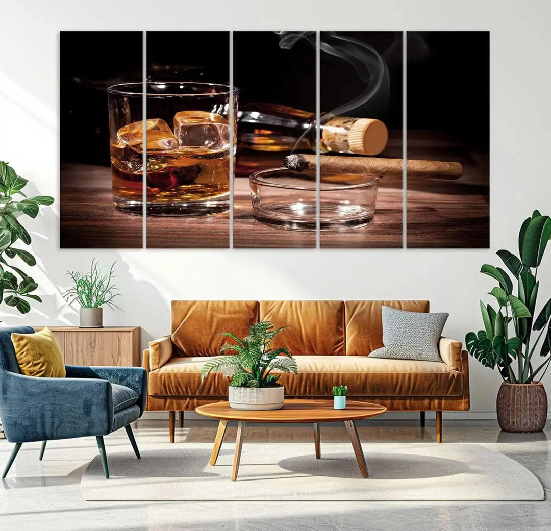 The "Elegant Whiskey Art Canvas Print," featuring whiskey, Cuban cigars, and a bottle, beautifully enhances a modern living room. This artwork is presented on gallery-wrapped, museum-quality canvases with a UV-protective coating.