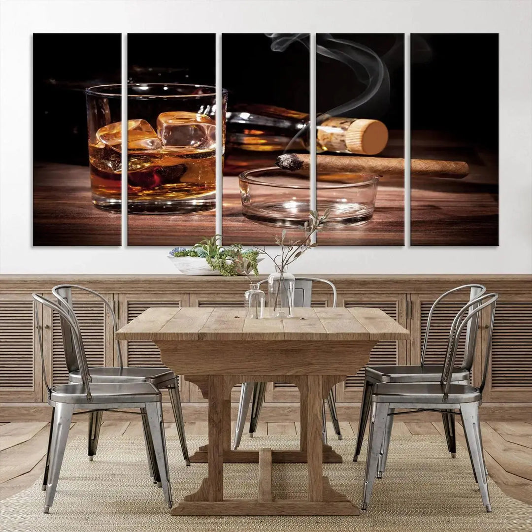 The "Elegant Whiskey Art Canvas Print," featuring whiskey, Cuban cigars, and a bottle, beautifully enhances a modern living room. This artwork is presented on gallery-wrapped, museum-quality canvases with a UV-protective coating.