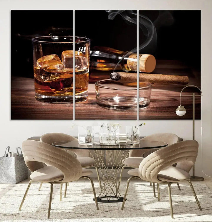 The "Elegant Whiskey Art Canvas Print," featuring whiskey, Cuban cigars, and a bottle, beautifully enhances a modern living room. This artwork is presented on gallery-wrapped, museum-quality canvases with a UV-protective coating.