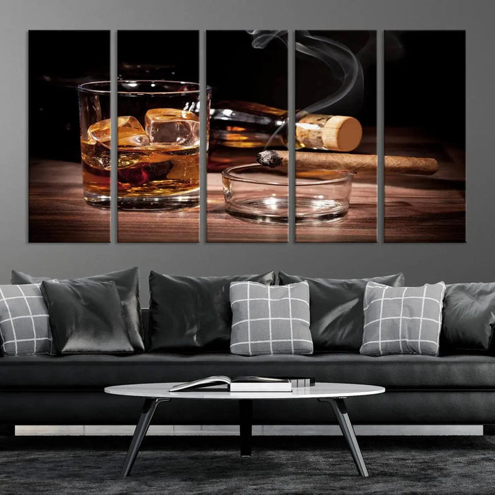 The "Elegant Whiskey Art Canvas Print," featuring whiskey, Cuban cigars, and a bottle, beautifully enhances a modern living room. This artwork is presented on gallery-wrapped, museum-quality canvases with a UV-protective coating.