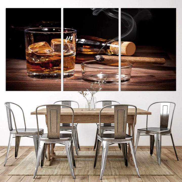 The Elegant Whiskey Art Canvas Print is showcased on the wood table.