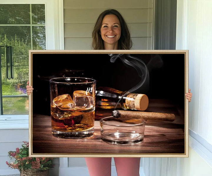 The Elegant Whiskey Art Canvas Print is showcased on the wood table.