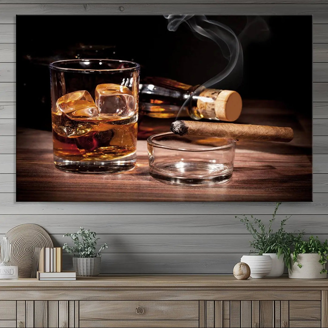 The Elegant Whiskey Art Canvas Print is showcased on the wood table.