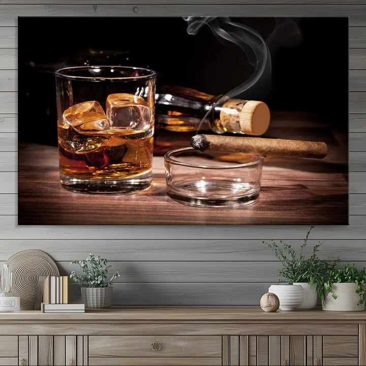 The Elegant Whiskey Art Canvas Print is showcased on the wood table.