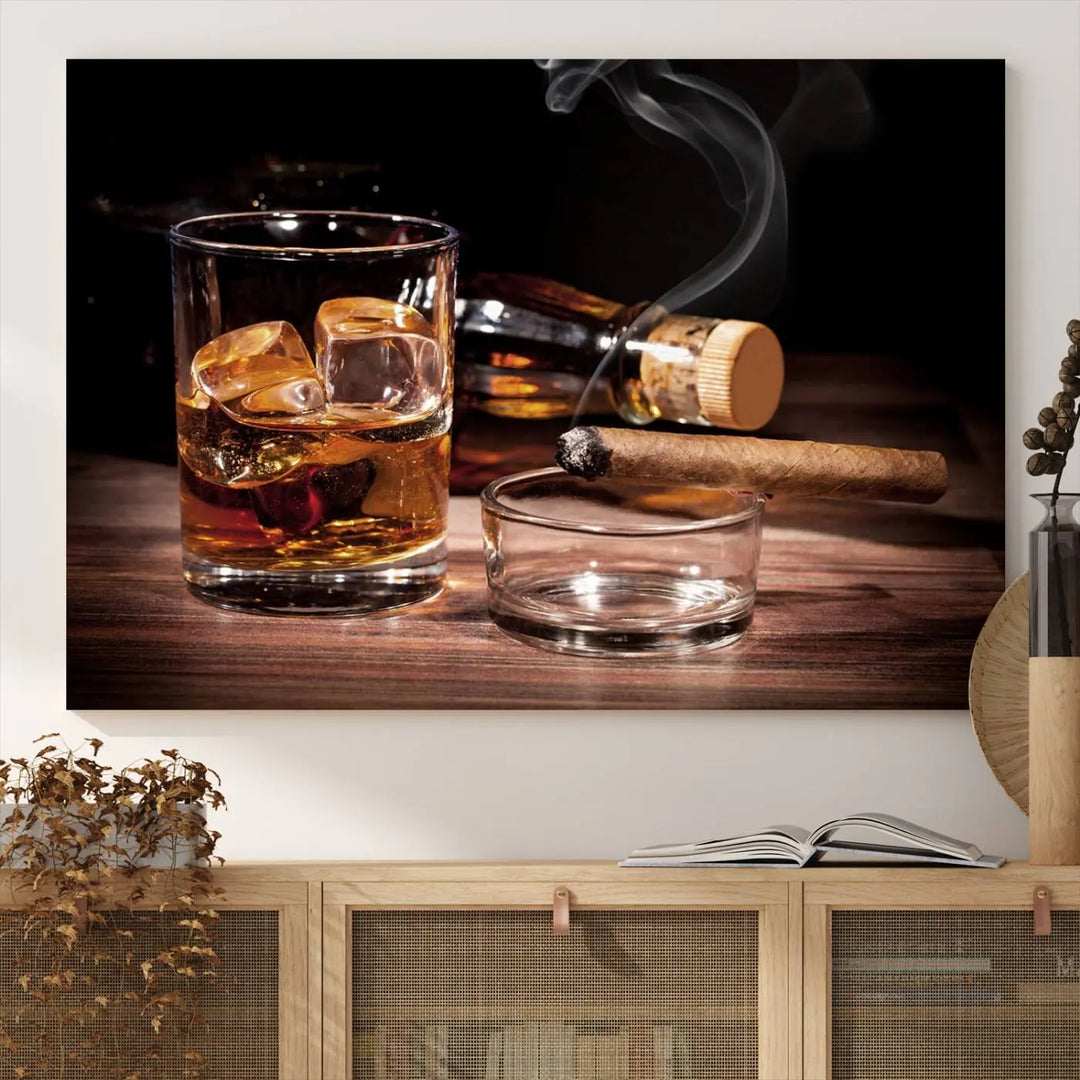 The Elegant Whiskey Art Canvas Print is showcased on the wood table.