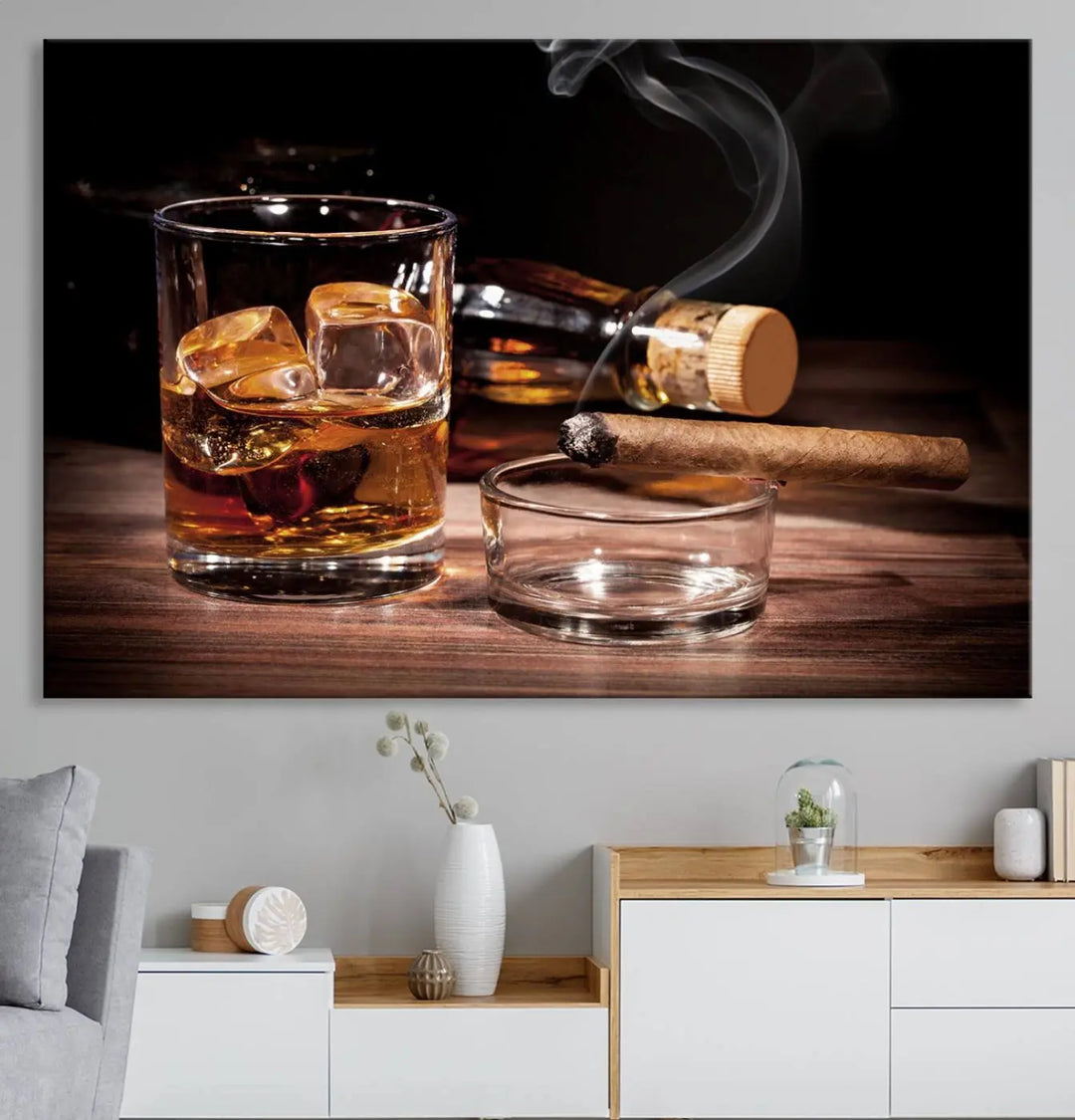 The Elegant Whiskey Art Canvas Print is showcased on the wood table.