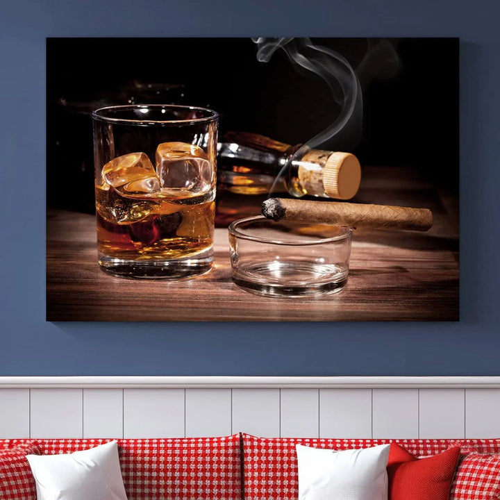 The Elegant Whiskey Art Canvas Print is showcased on the wood table.