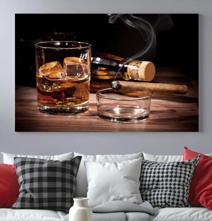 The Elegant Whiskey Art Canvas Print is showcased on the wood table.