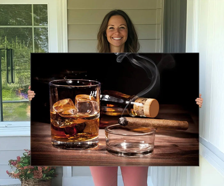 The Elegant Whiskey Art Canvas Print is showcased on the wood table.