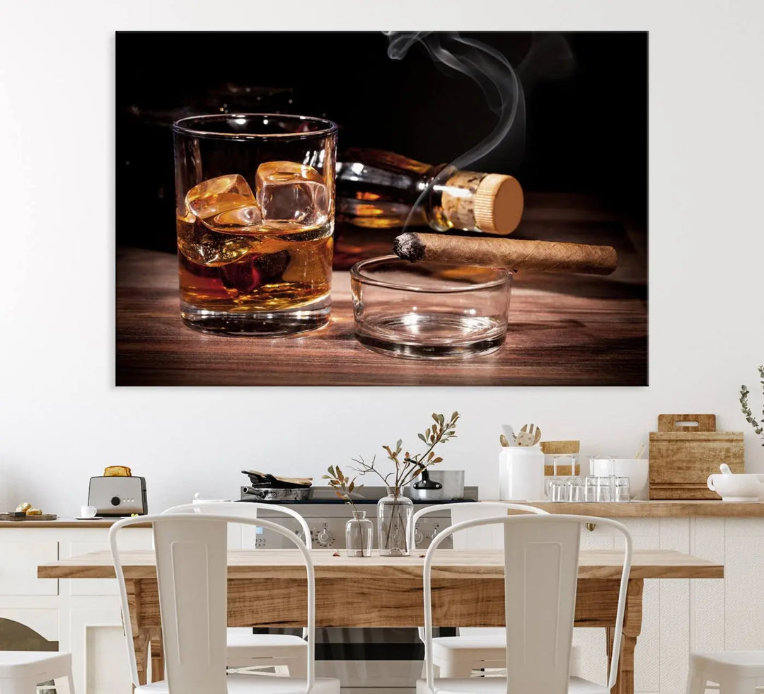 The Elegant Whiskey Art Canvas Print is showcased on the wood table.