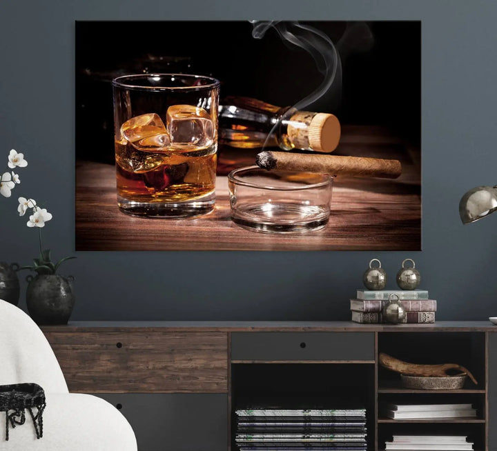 The Elegant Whiskey Art Canvas Print is showcased on the wood table.