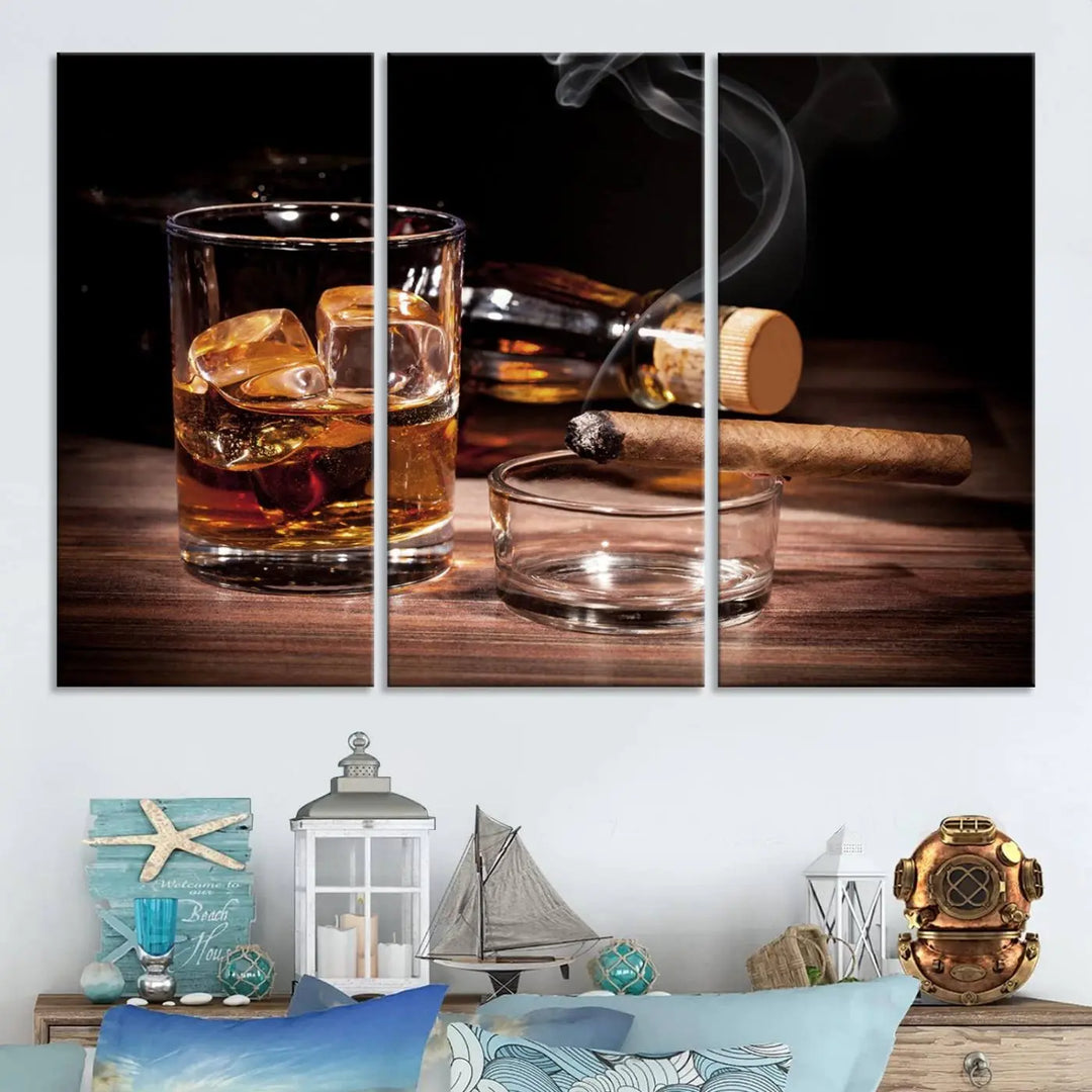 The Elegant Whiskey Art Canvas Print is showcased on the wood table.